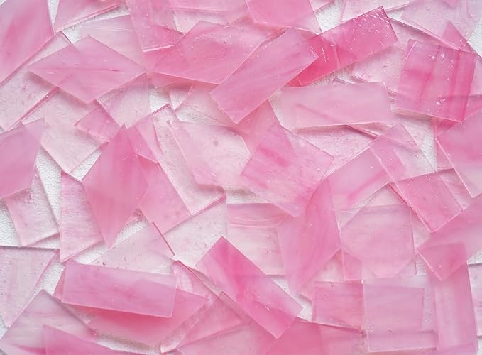 Crisp Texture Transparent Glass Mosaic Tiles, 200g Stained Glass Pieces, 4 Shapes Pre-Cut, Misty Pink