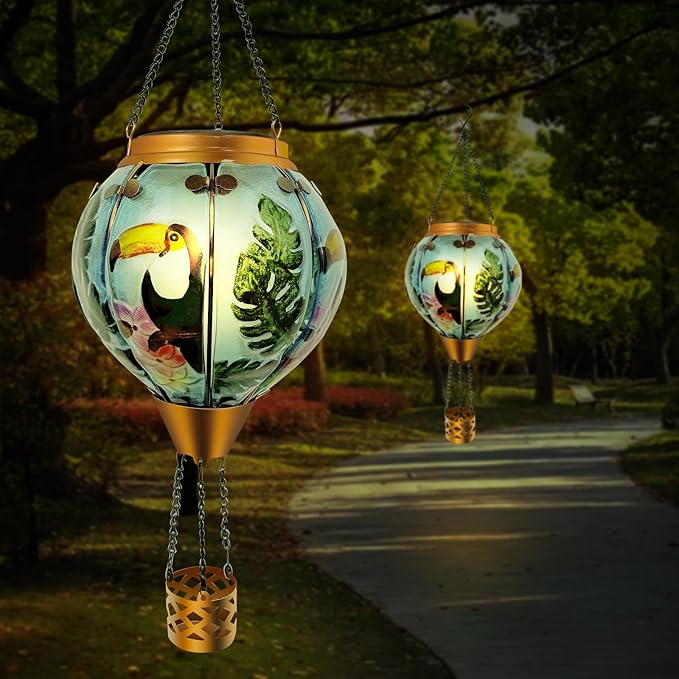 Hot Air Balloon Solar Lantern Waterproof Hanging Light with Flickering Flame for Decorative Garden Patio and Yard Decor