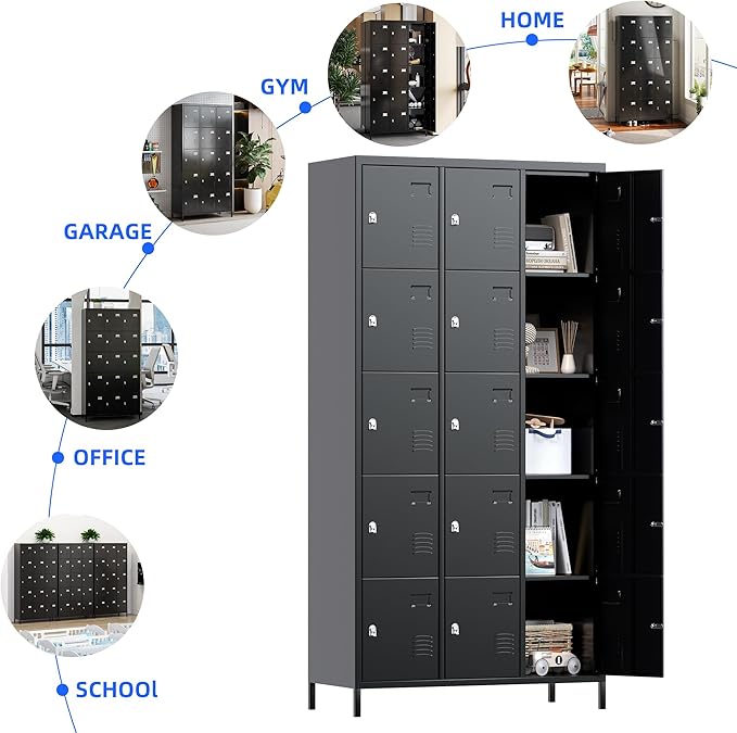 METAN Metal Locker for School Office Gym Bedroom, 15 Doors Black Steel Storage Locker Cabinet for Employees, Industrial Storage Locker, Assembly Required (15 Door-Black)