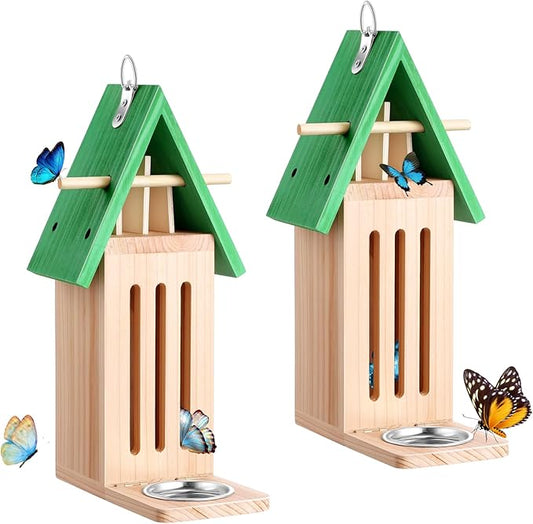 2PCS Butterfly House and Feeder for Outside, Wooden Butterfly House Butterflies Feeder for Garden, Butterflies Habitat with Puddler on Floor or Hanging on Tree Wall