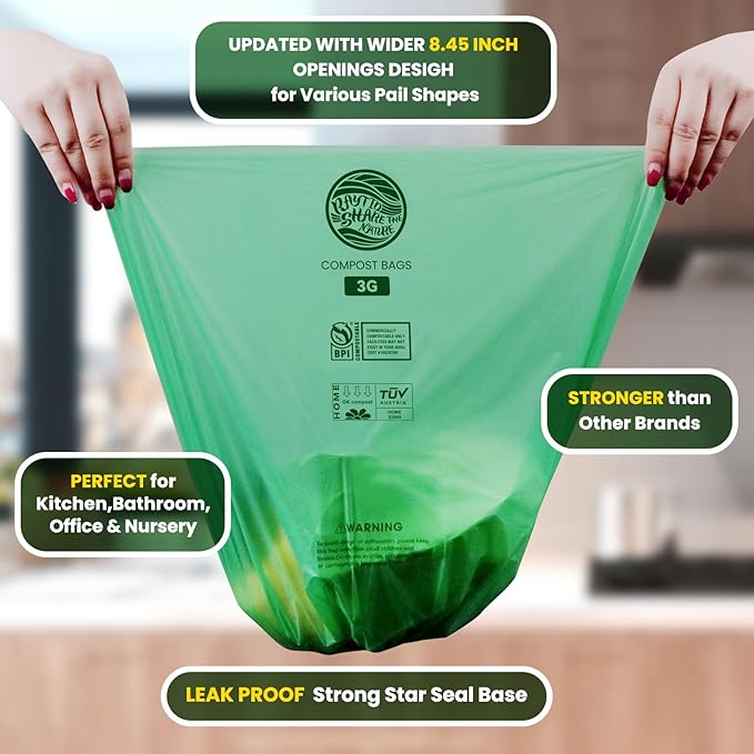 Compost Bags 3 Gallon,100 Count,Compost Food Scrap Waste Bags Fits Countertop Bin,Small Kitchen Food Scrap Waste Bags,Compost bin bags,Certified by BPI,ASTM D6400 and OK compost HOME certified