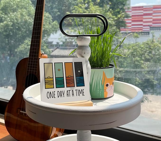 Primitive Wooden Sign, One Day at A Time, Desk Plaque with Wooden Stand 4 x 4.3 inches, Modern Decoration, Farmhouse Table Plaque Signs, Rustic Home Decor Plaque, Inspirational Sign, Uplifting Gift