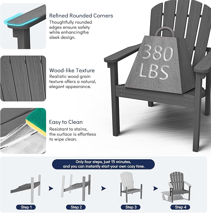 Stackable Adirondack Chair, HDPE Outdoor Patio Chair - Durable and Space Saving, Suitable for Porches, Lawns or Garden, Grey