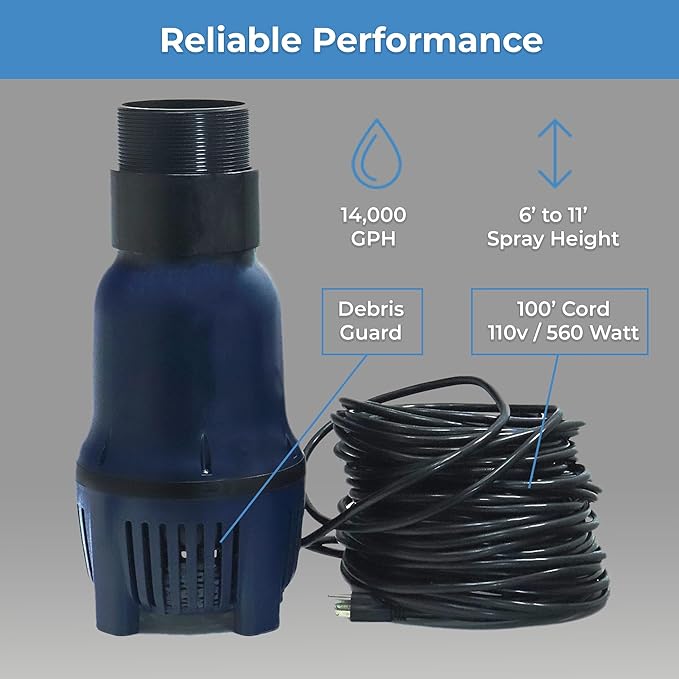 Custom Pro FT 14000 Floating Pond Fountain and Aerator Complete Kit with 14,000 GPH Pump, 100 Foot Power Cord, 3 Spray Styles | 100% US-Based Customer Service and Warranty