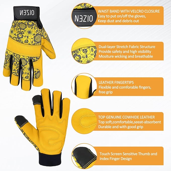 Cowhide Leather Thorn Proof & Puncture Resistant Gardening Gloves for Women and Men, Touchscreen Compatible Working Gloves for Weeding, Digging, Planting, Gardening Gifts for Women (Size Medium)