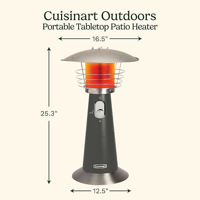 Cuisinart Portable Tabletop Patio Heater, 11,000 BTU Outdoor Propane Heater with Safety Tilt Switch and Adjustable Heat, Burner Screen Guard, 30 sq. Foot Heat Range, Gray