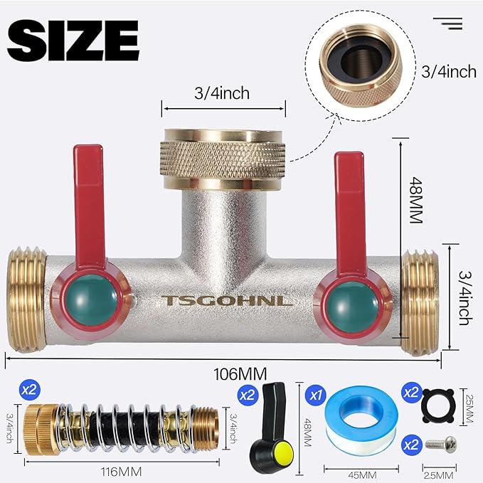 Brass Garden Hose Splitter, 2-Way Heavy Duty Faucet Splitter, 180° longitudinal，Frost Resistant Faucet Diverter for GHT 3/4" Connectors，2 protectors to prevent hose kinking