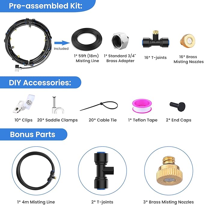 Keten 72FT Misting Cooling System, 59FT(18m)+Extra 13FT(4m) Misting Line, Misters System for Outdoor Patio Garden Greenhouse Pasture with 18 T-Joints+18 Mist Nozzles+3/4” Brass Adapter