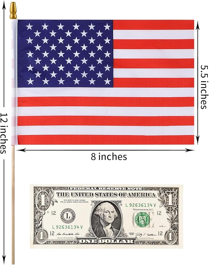 100pcs Small American Flags on Stick, Handheld 8 x 5.5 Inchs Mini American Flags with Kid-Safe Golden Spear Top, US Flags for 4th of July Decorations Outdoor, Independence Day Decorations