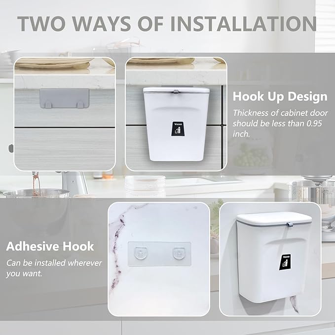 9L/2.4 Gallon Hanging Trash Can for Kitchen Cabinet Door with Lid, Small Under Sink Garbage Can,Trash Bin for Bathroom,Wall Mounted Counter Waste Kitchen Compost Bin,Plastic (White)