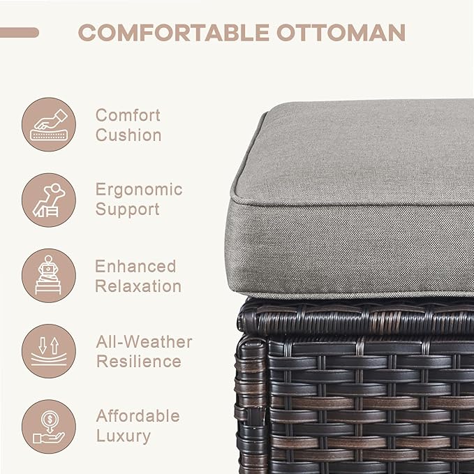 Swivel Patio Chairs sofa Set of 6 - 6" Thick Cushion - Wicker Outdoor Swivel Rocker Patio Chair ,Sofa/Glass coffee table, High Back Comfortable Outdoor Glider Chairs - Brown Wicker Grey Cushions