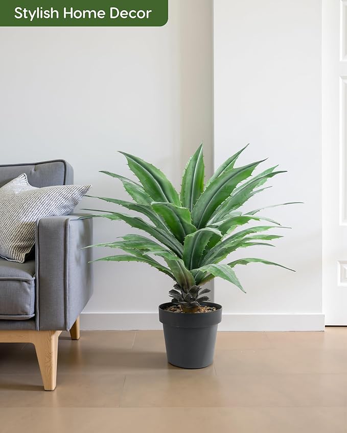 Velener Artificial Agave Plant in Black Pot with Real Stone Pebbles, Large Fake Agave Plants with Green Serrated Leaves, Faux Yucca for Indoor and Outdoor Decor-32 Inches Tall, 40 Leaves