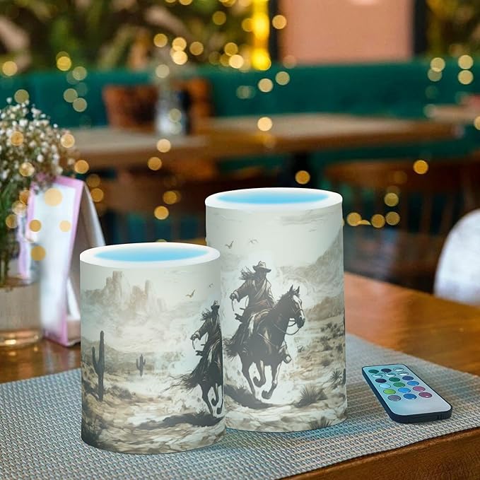 Western Desert Cowboy Flameless Candles with Remote Control and Timer, Adjustable Brightness Long Lasting Battery Operated LED Pillar Candles for Indoor Outdoor Party Home Decor, 2 Pack