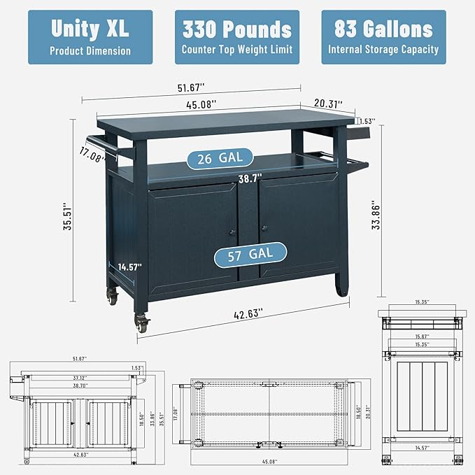 Grill Cart Outdoor with Storage Cabinet, Portable Rolling Patio Bar Cart with Wheels, BBQ Prep Table, Movable Stainless Steel Kitchen Island Dining Cart for Food/Drink/Cooking -Grey