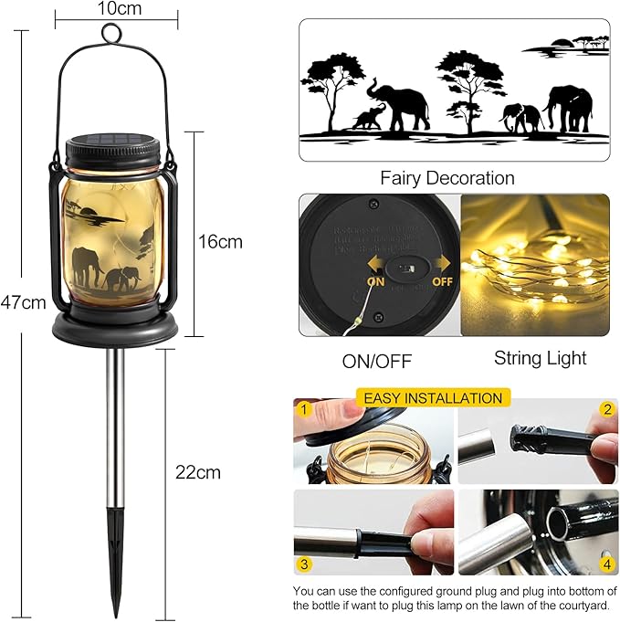 2 Pack Outdoor Hanging Solar Lanterns, Elephants Vintage Glass Mason Jar Fairy Lights, Mothers Day Gifts for Women Mom Grandma, Waterproof Garden Lights for Patio Yard Lawn Tree Party Decor