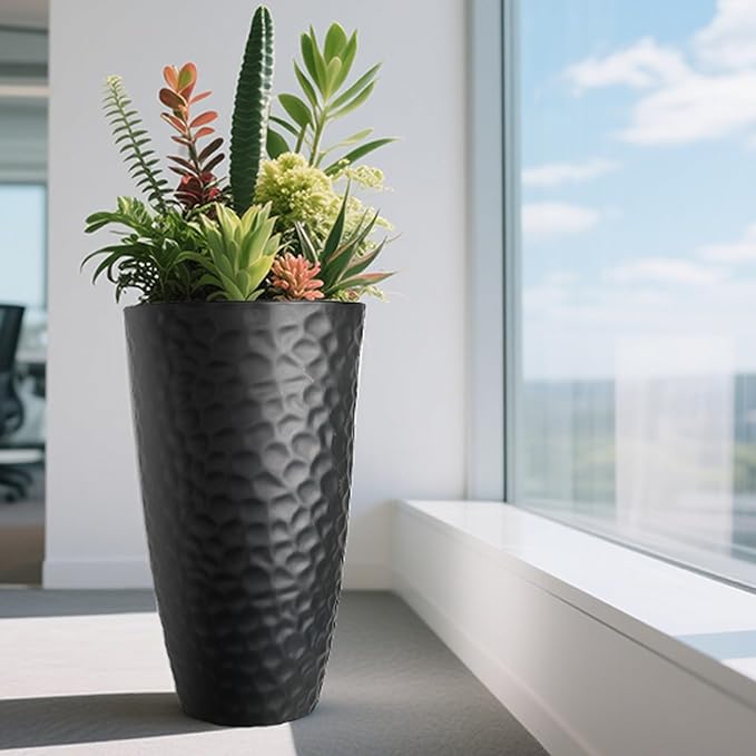 Worth Garden 24" H Tall Hammered Texture Planters Set of 2 - Matte Black Plastic Flower Pot with Drainage Holes, Modern Outdoor Indoor Lightweight Pots for Large Plants, Durable Decor Containers
