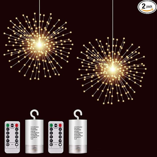 2 Pack Hanging Decor Lights,200 LED Battery Powered Fairy Light, Fireworks Light with Remote, Waterproof Starburst Lights for Gardens Courtyards Christmas Festive Wedding Parties (Warm White)