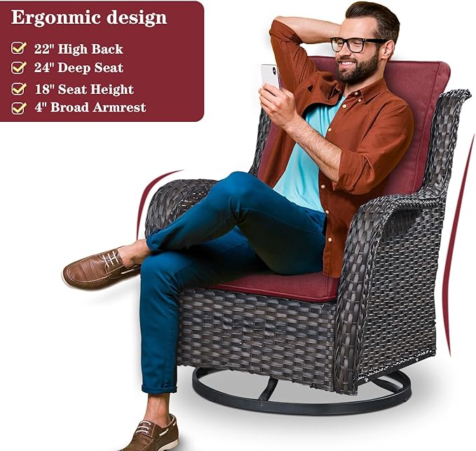 Outdoor Swivel Rocker Patio Chairs - 360 Degree Swivel Glider Seating Wicker Rocking Chairs Set of 2 with High Back Deep Seat for Porch Balcony Deck, Brown/Red