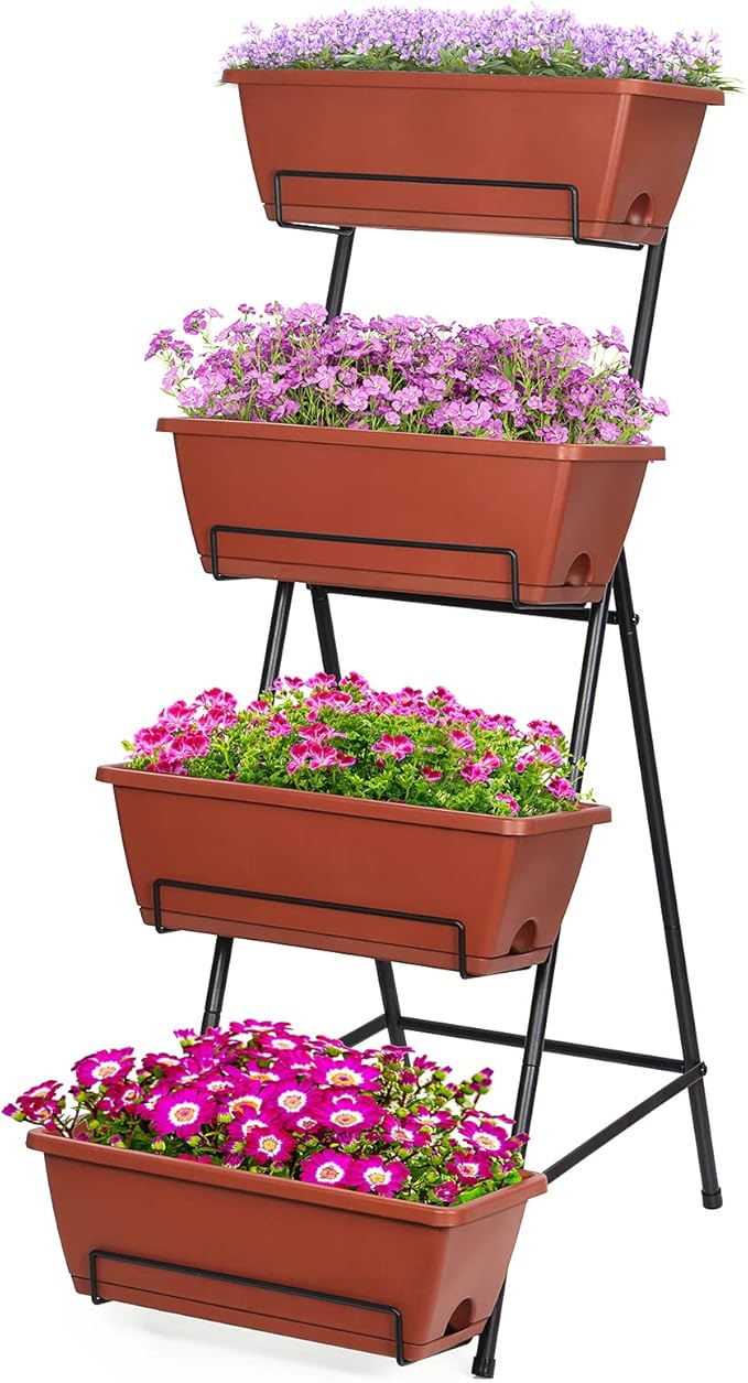 Tuenort Vertical Raised Garden Bed 4 Tiers Planter Box Freestanding Garden Planter with 4 Container Boxes for Growing Vegetables Herbs Flowers on Patio Balcony Red