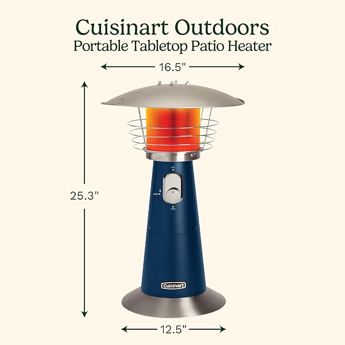 Cuisinart Portable Tabletop Patio Heater, 11,000 BTU Outdoor Propane Heater with Safety Tilt Switch and Adjustable Heat, Burner Screen Guard, 30 sq. Foot Heat Range, Navy