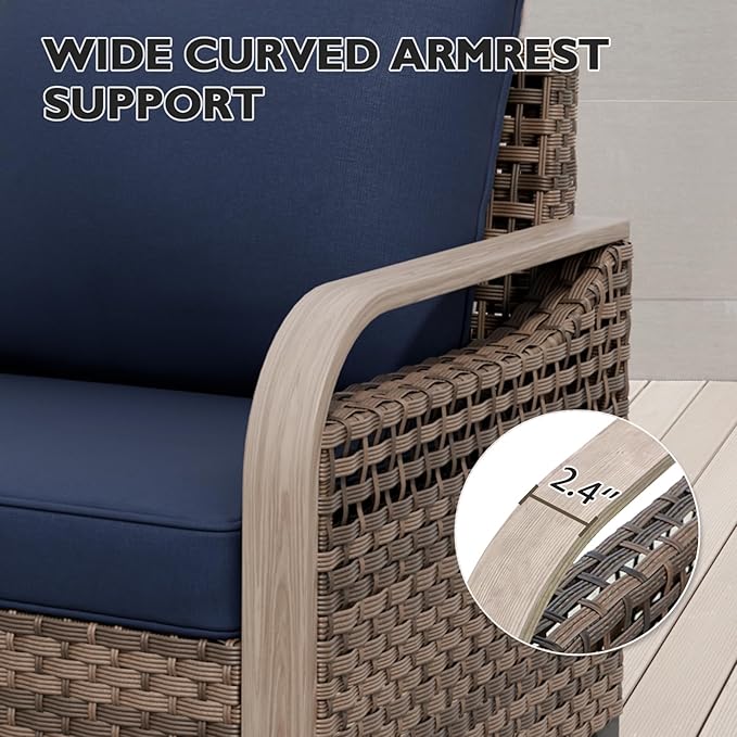 EAGLE PEAK Modern Wicker Outdoor Chair, Patio Chair Curved Armrest, Rattan Patio Furniture for Yard Deck Porch Garden, 2 Chairs 2 Ottomans, 4 Pieces, Brown/Blue