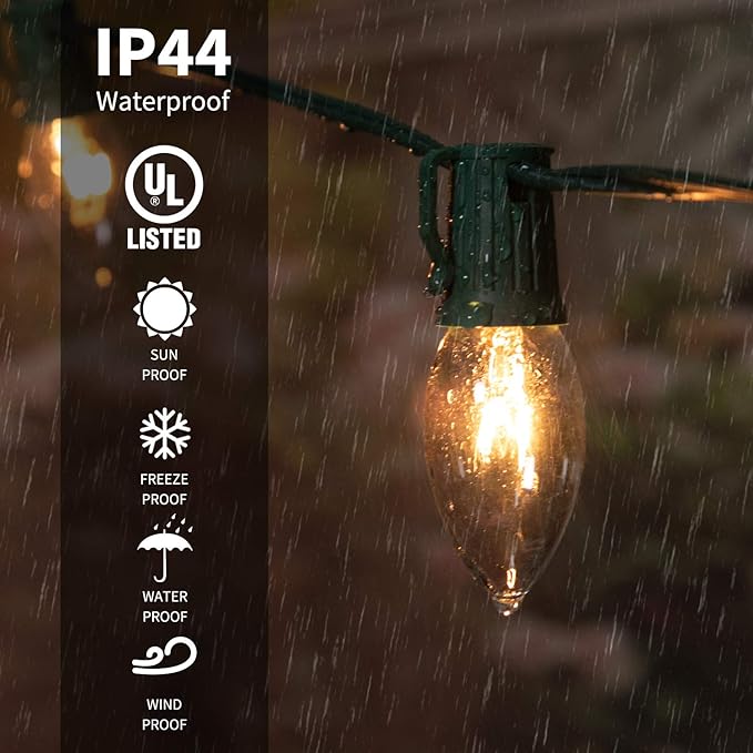 Vintage C9 Christmas Lights Outdoor, 50 FT C9 String Lights for Christmas Decorations Holiday Party Indoor Room Outdoor Roofline Backyard Garden Patio Cafe Home Decoration, E17 Base, 50 +2 Bulbs