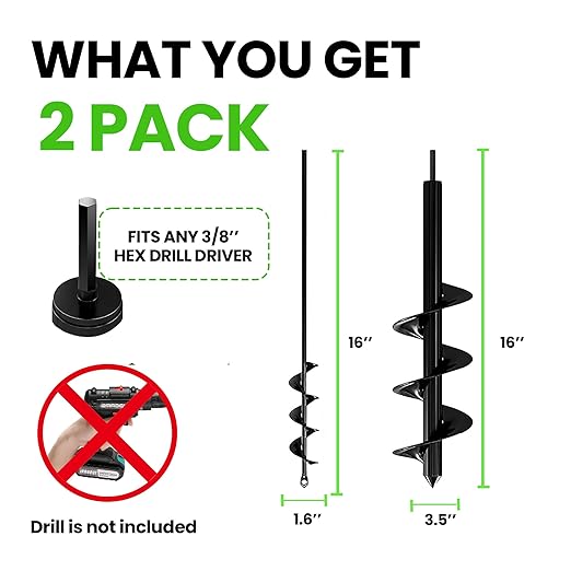 K-Brands Auger Drill Bit for Planting 2 Pack 1.6 x 16 Inch & 3.5 x 16 Inch Set – Garden Spiral Hole and Bulb Planter Tool for Umbrella Holes - Compatible with 3/8 Inch Hex Drive