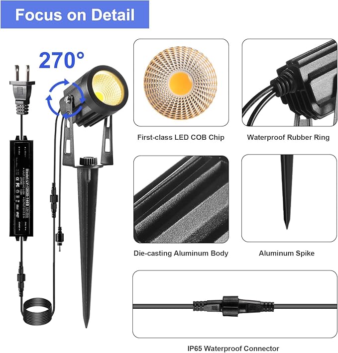 Landscape Lighting, 3W 12V Extendable Low Voltage 6 in 1 Landscape Lights with Transformer IP65 Waterproof 1800 Lumen Outdoor Spotlight for Garden Walls Trees Flag Pathway, Warm White