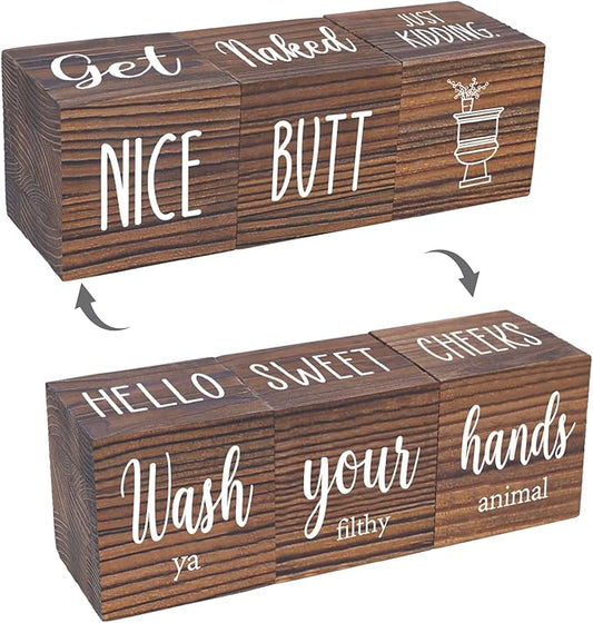 Farmhouse Bathroom Decor, Wooden Cute Restroom Home Decoration, Funny 4-Sided Mordern Rustic Bathroom Blocks, Nice Butt&Get Naked&Hello Sweet Cheeks&Wash Your Hands Sign, Brown 2.8"