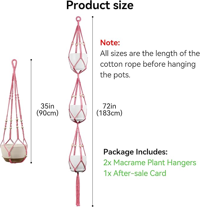 USLAI Macrame Plant Hanger Indoor Outdoor, Up to 4-15 inch Pot, Heavy 20lb Planters, Extra Long Strong Hanging Planter Basket Holder, Boho Home Decor, 35+72 Inch, Pink (POTS NOT Included)