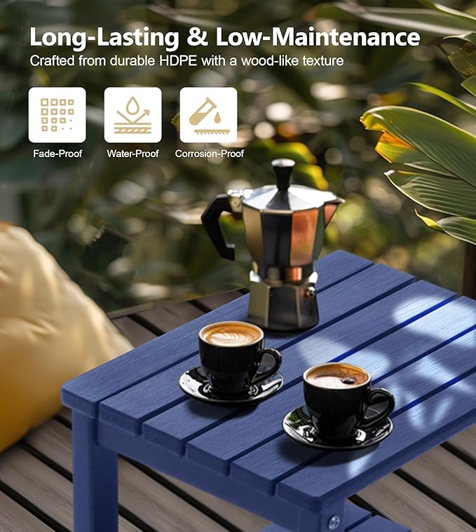 PASAMIC 2-Tier Adirondack Square Side Table, 17" HDPE Outdoor Side Tables, Weather Resistant End Table for Patio, Backyard, Pool, Indoor Companion, Beach, Easy Maintenance (Navy Blue)