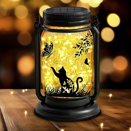YJFWAL Solar Cat & Butterfly Lanterns Outdoor Waterproof - Cat Lover Unique Birthday Mothers Day Gifts for Women Mom Grandmom , LED Hanging Mason Jar Fairy Lights for Garden Yard Patio Decor