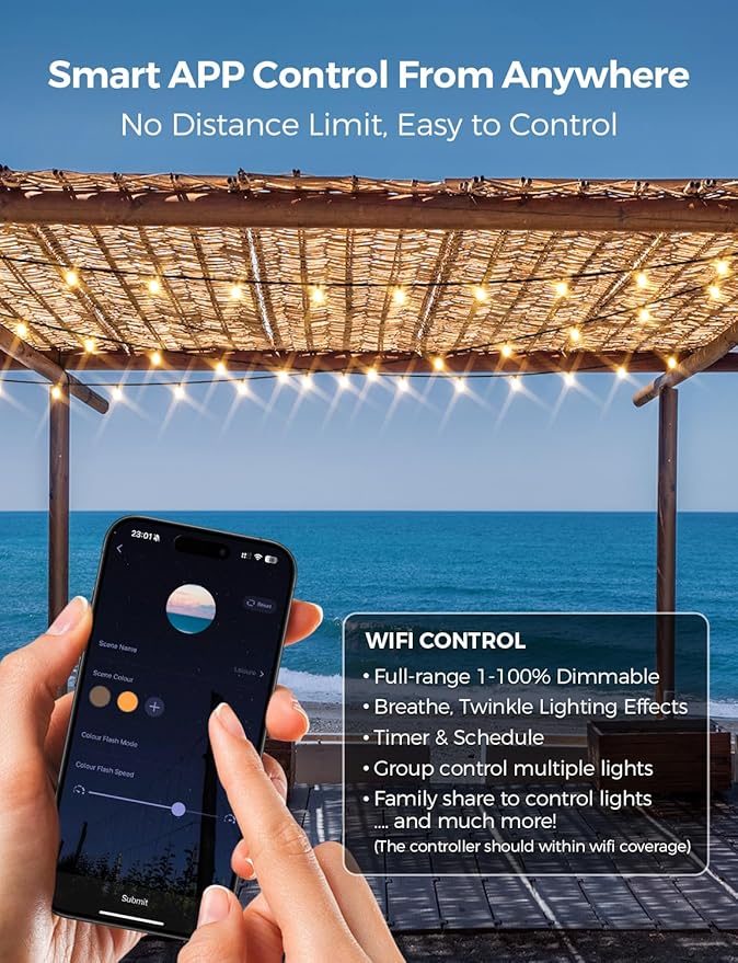 XMCOSY+ Patio Lights, Smart 50Ft Outdoor String Lights with 25 Dimmable G40 Globe Bulbs, APP Control, Work with Alexa, Connectable Waterproof LED Outdoor Light