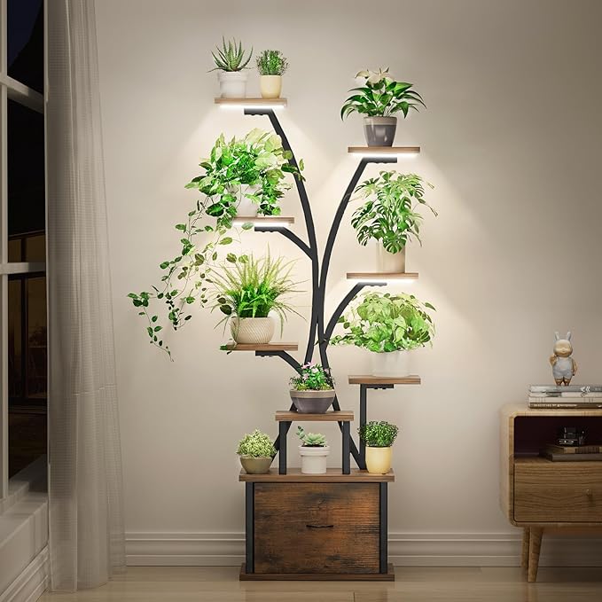 Plant Stand with Grow Light - 9 Tiered Plant Stand Indoor with Storage Drawer for Indoor Plants, 65" Tall Plant Shelf with Grow Light, Curved Corner Plant Shelf Indoor for Living Room, Patio Decor