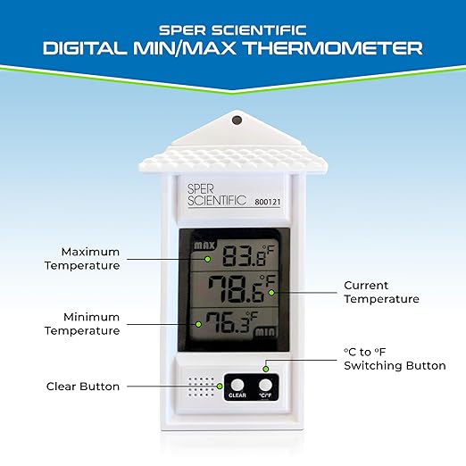 Sper Scientific Compact Digital Min/Max Thermometer 800121 - Wide Range Temperature Logger with Clear LCD Display - Ideal for Laboratories, Food Storage, HVAC & Greenhouses - 2 pc
