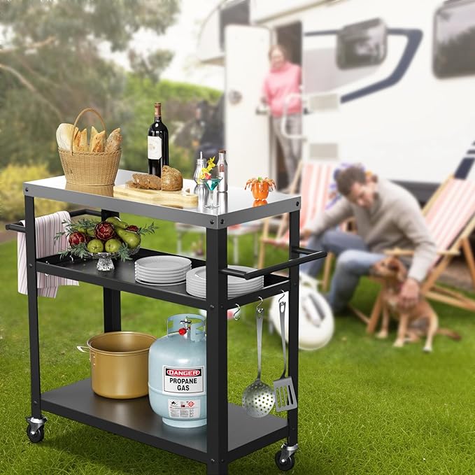 Outdoor Grill Cart with Three-Shelf, Stainless Steel Pizza Oven Table for Outside, Dining Kitchen Cart with Two Side Handle, Garden Patio BBQ Kitchen Food Prep Table Cart (Black)