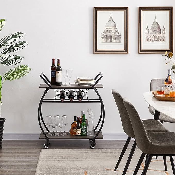 LVB Bar Cart with Wine Rack, 2 Tier Kitchen Cart on Wheels, Industrial Wood and Metal Portable Coffee Cart Table for Home, Rustic Modern Mobile Rustic Rolling Serving Cart with Shelves, Dark Oak