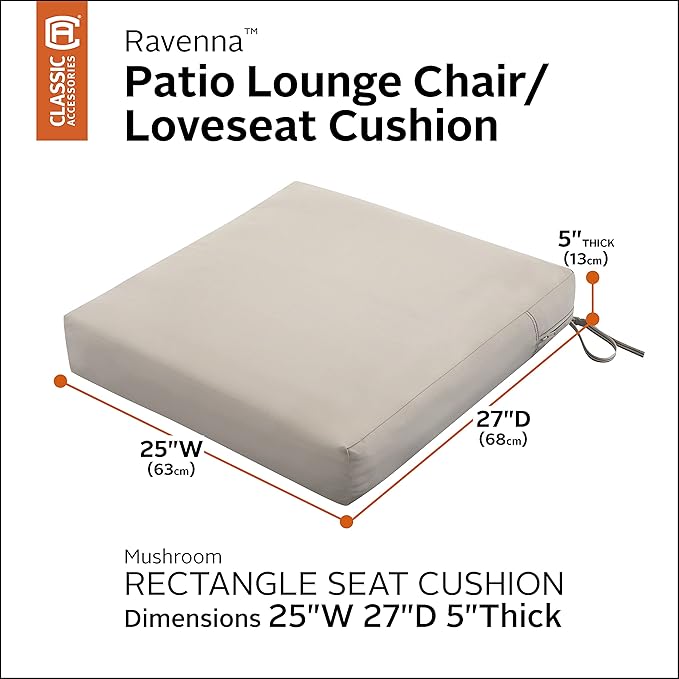 Classic Accessories Ravenna Water-Resistant Patio Lounge Chair/Loveseat Cushion, 25 x 27 x 5 Inch, Mushroom, rectangle Outdoor Seat Cushion