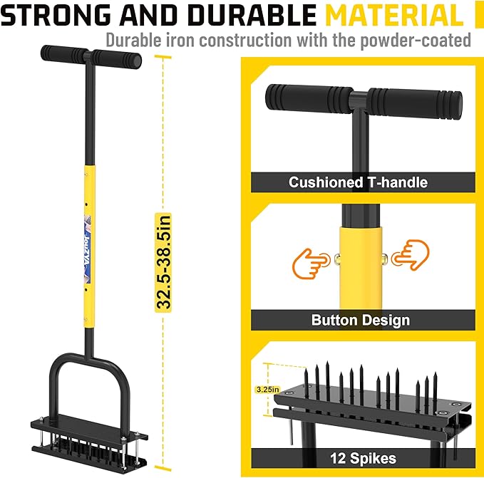 Lawn Aerator Tool, Lawn Aerator with 12 Spikes, Automatic Leaf and Dirt Cleaning with Spring-Loaded Design, Metal Manual Aerator for Loosening Soil Aerating Patio, Yard, Garden