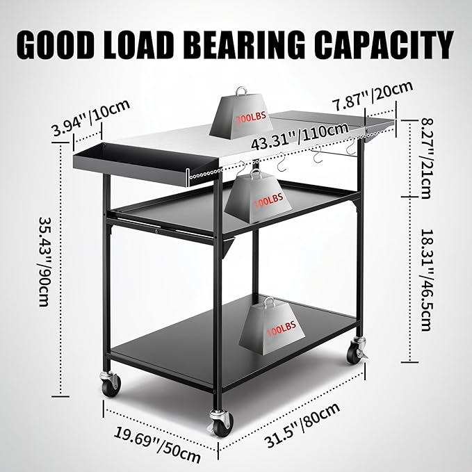 Outdoor Pizza Oven Table,Three-Shelf Outdoor Table with Waterproof Cover, Pizza Oven Stand Tables with Wheels, Movable Outdoor Grill Food Prep Heavy Duty Grill Cart