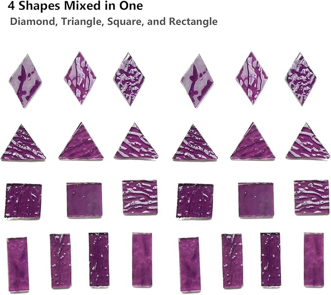 200G Oversize Transparent Glass Mosaic Tiles for Crafts, 4 Shapes Textured Cathedral Stained Glass Mosaic Pieces for Mosaic Art Decor, Violet Purple