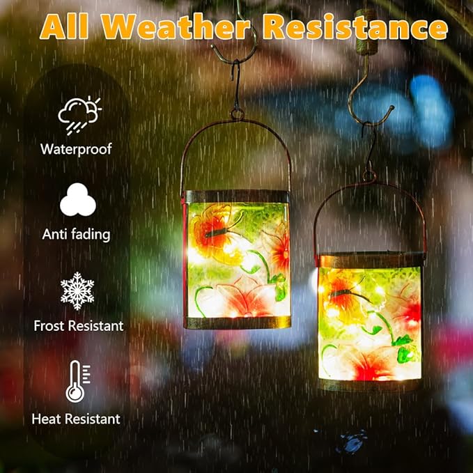2 Pack Butterfly Solar Lanterns Outdoor Waterproof LED Hanging Solar Lights for Outside Tabletop Lamp for Garden Patio Decor