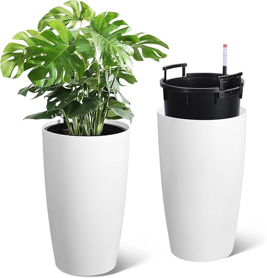 22" Tall Round Planter Set of 2, Self Watering Pots for Indoor Plants, Large Flower Pot Outdoor with Built-in Drainage and a Water Level Monitor, for Patio, Porch, Living Room, or Home Office, White