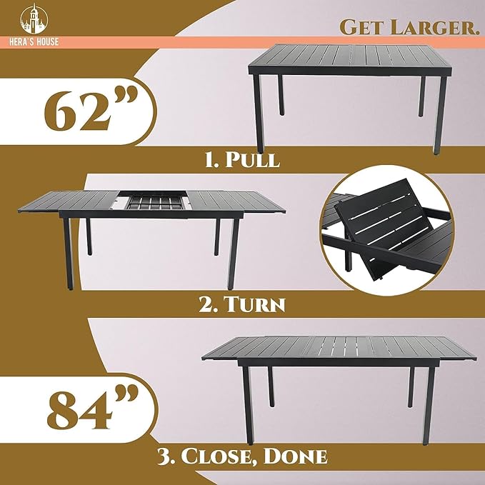 HERA'S HOUSE 9 Pieces Outdoor Table and Chairs Set, 8 x Patio Chairs and 1 x Extendable Metal Dining Table for Lawn Garden Backyard Deck