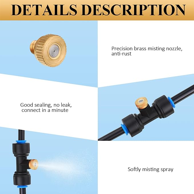 Hotop Brass Misting Nozzles 1/4 Inch Sliding Lock Mister Nozzles Tees with Plugs for Outdoor Cooling System Misting System(20 Pieces)