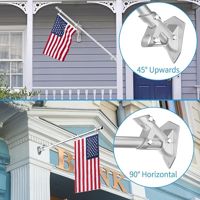 ZMTECH Flag Pole with Solar Light - Adjustable Bracket, 6 FT Stainless Steel Flag Poles for Outside House, Garden or Yard, Tangle Free Flagpole Kit for American Flag (Without Flag, Silver)