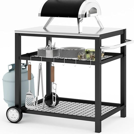 Movable Food Prep and Work Table Stainless Steel Grill Cart Modular Table with Wheels and Handle Double-Shelf Commercial Kitchen Tables Heavy Duty Pizza Oven Stand Outdoor
