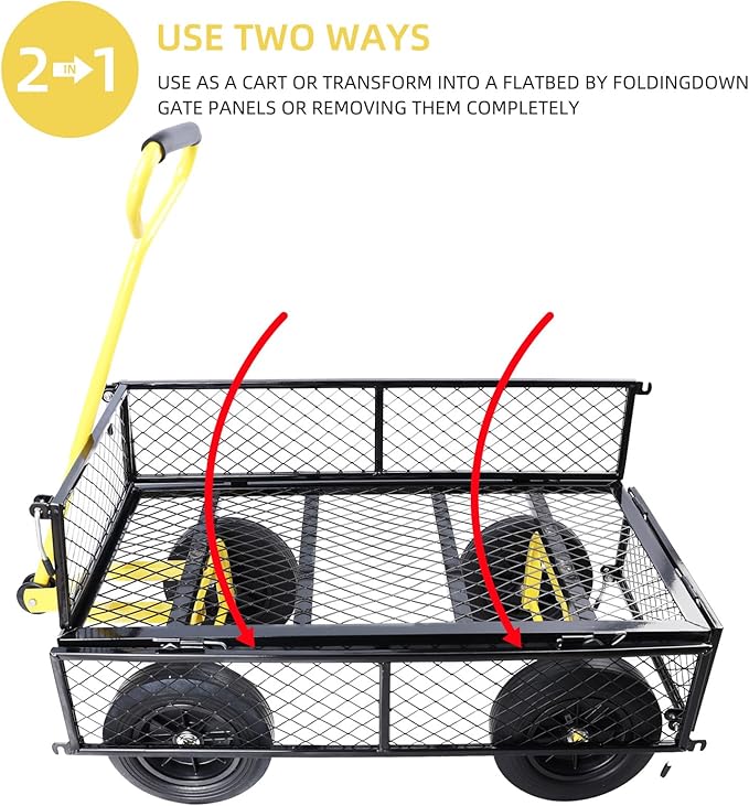 Heavy Duty 480 Lbs Capacity Mesh Steel Garden Cart Folding Utility Wagon with Removable Sides (Black+Yellow)