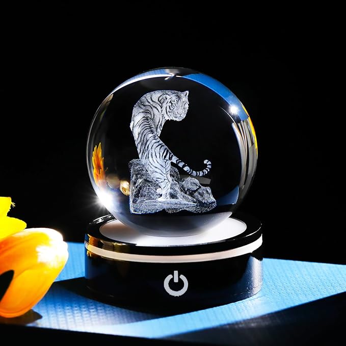 YWHL 3D Tiger Figurine Crystal Ball with Colorful Light Base, Tiger Gifts for Women Men, 3D Laser Engraved Full Sphere Glass Decorative Ball for Home Office (80mm)