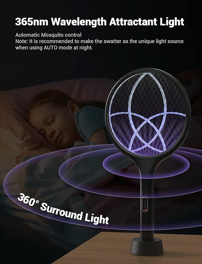YISSVIC Electric Fly Swatter Bug Zapper Racket Dual Modes Mosquito Killer with Purple Mosquito Light Rechargeable for Indoor Home Office Backyard Patio Camping (Black 2 Pack)